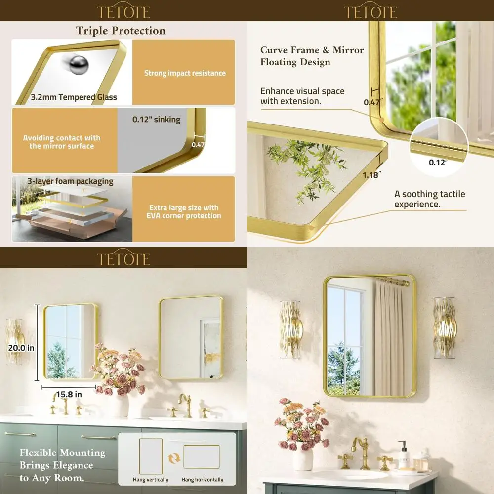

Зеркало для ванной 16x20 дюймов, матовое золото, с закаленным стеклом, настенное крепление, для ванной комнаты, прихожей, спальни, гостиной (горизонтальное)