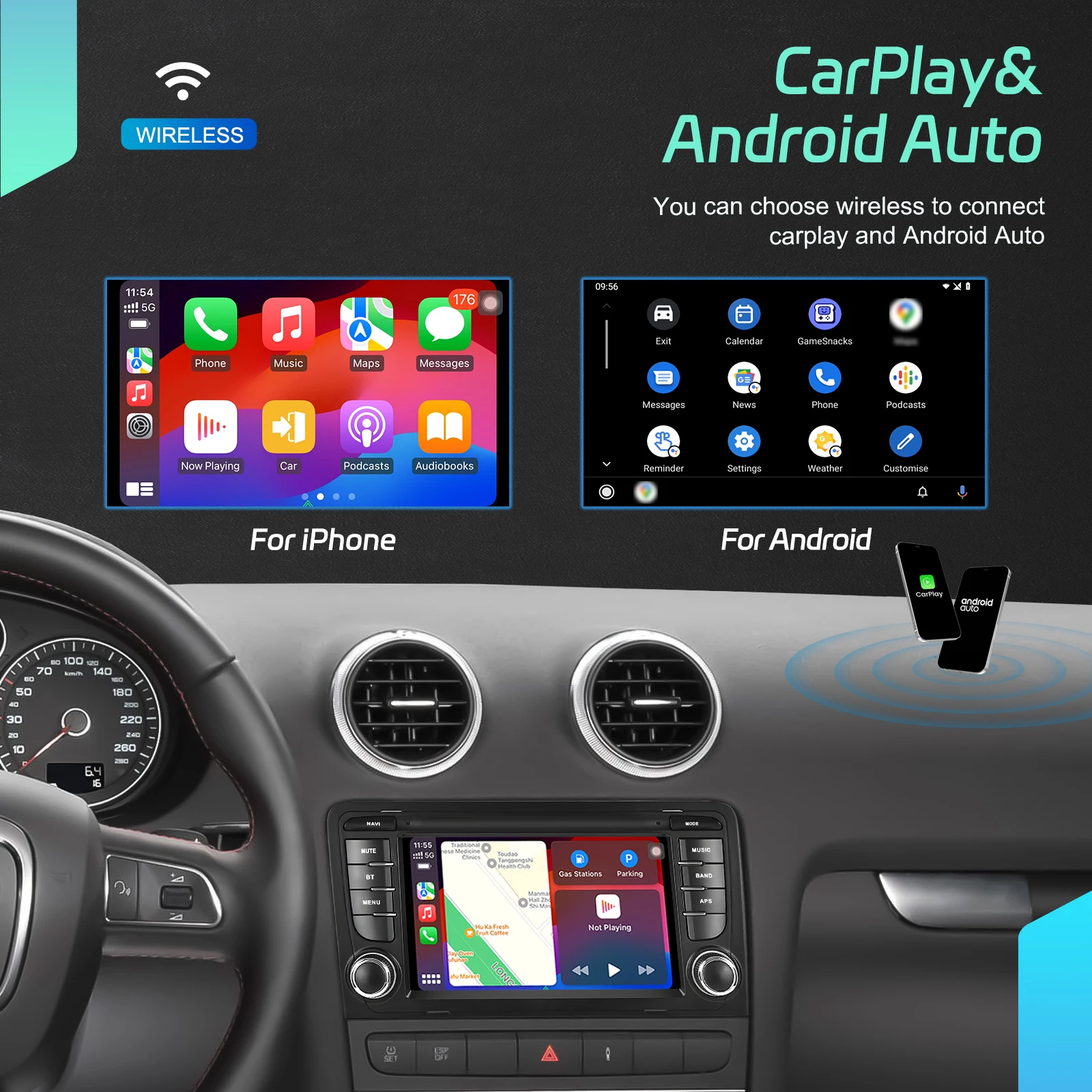 Podofo 7 Zoll 2 Din Autoradio Multimedia-Player für Audi A3 8P/A3 8P1 3-Türer Schrägheck/S3 8P/RS3 Sportback 6+128G HD Kapazitiver Touchscreen Kabelloses Carplay Android Auto Mirror Link Auto-Audiosystem WIFI GPS BT FM/RDS Autoradio Stereo – Detail 4