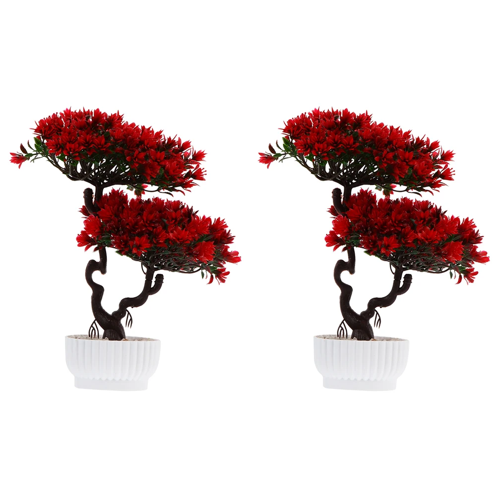 

2 pcs Bonsai Guest-Greeting Pine Potted Artificial Flower Plastic Potted Plants Guest Greeting Pine Decor Room Bedroom