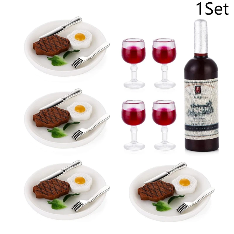 1Set 1:12 Scale Miniature Dollhouse Wine Steak Food Set Tableware Model Mini Simulation Grape Wine Foods Tray Kids Kitchen Toys