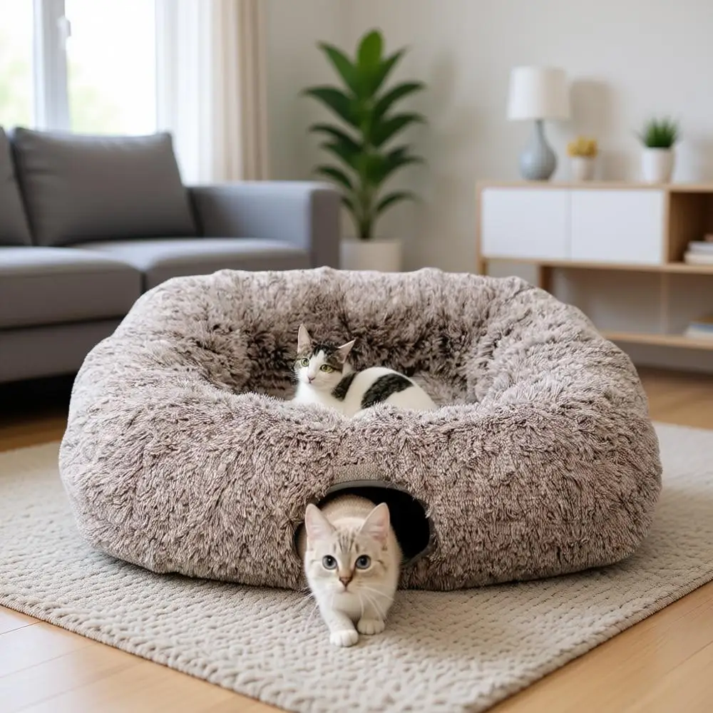 

Cat Tunnel with Bed for Indoor Cats Peekaboo Cave Donut Toy with Warm Mat, Yellow-Brown
