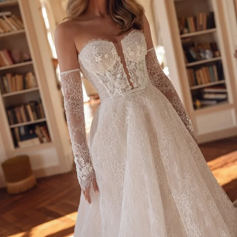 

Lace white Appliques Wedding Dresses off-shoulder A-line Flower decal Long tail Bridal Gowns Made Customized