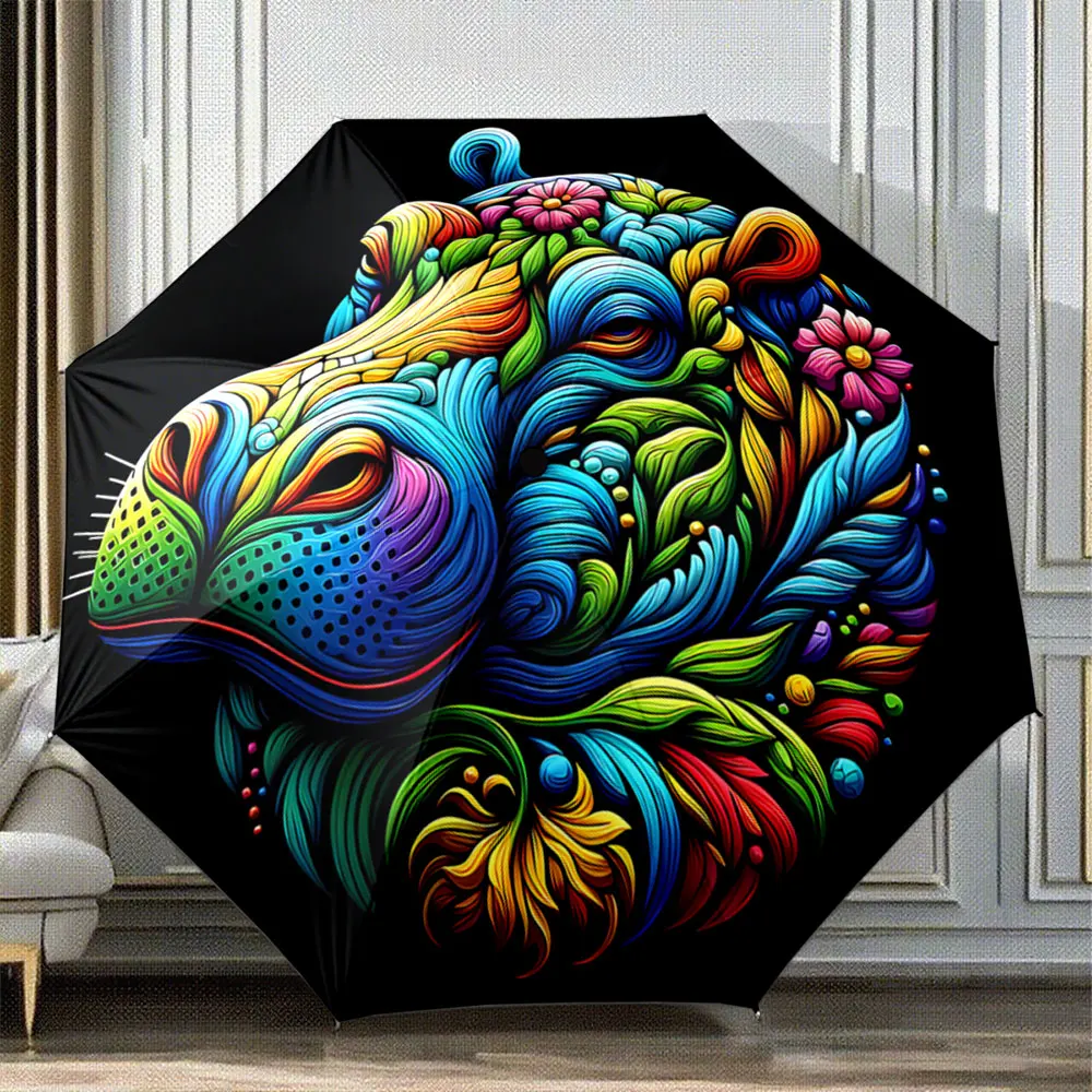 Colorful Artistic Hippo Design Umbrella – Vibrant Animal Pattern Portable Folding Umbrella, Gift for Family And Friends
