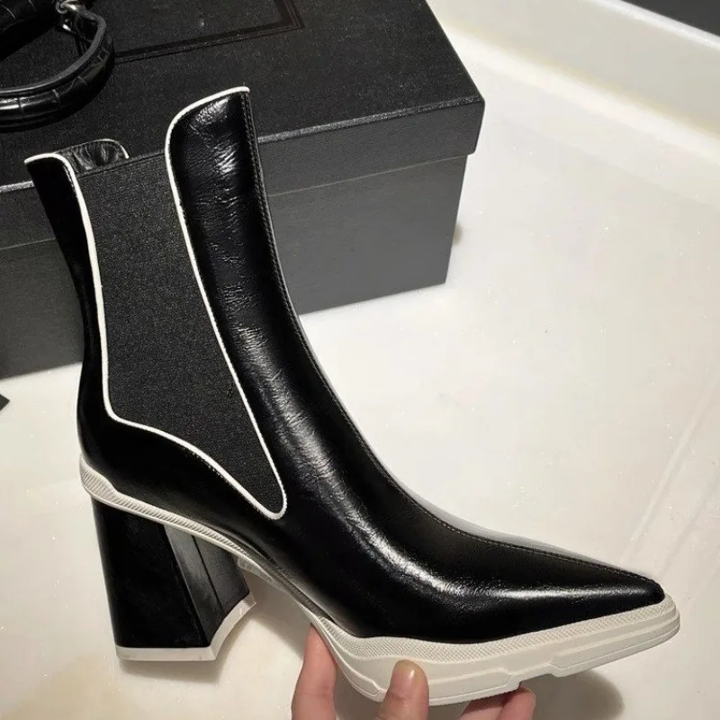 Ladies Shoes 2023 High Quality Slip-on Women's Boots Fashion Color Matching Office and Career Sexy Pointed Toe Ankle Boots