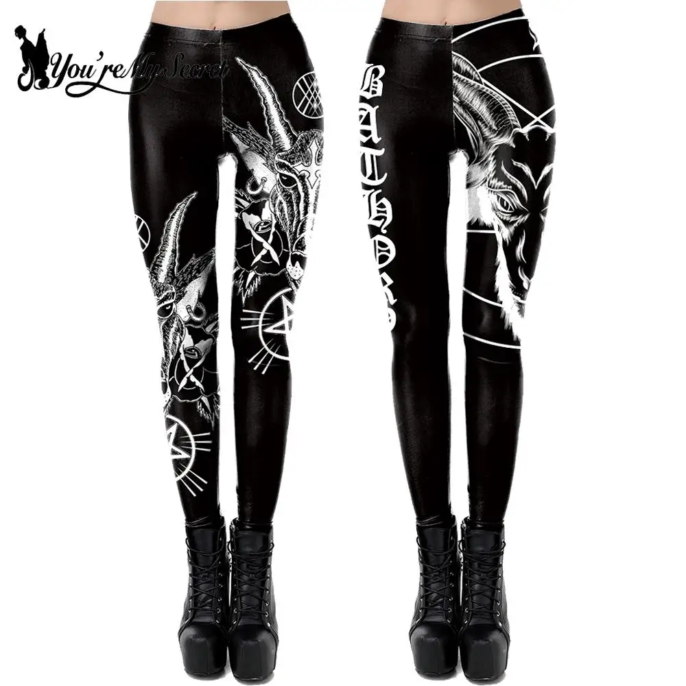 

[You're My Secret] Women Leggings Gothic Ouija Leggings Satan Goat Head Print Elastic Spandex Workout Pants Black Slim Legings