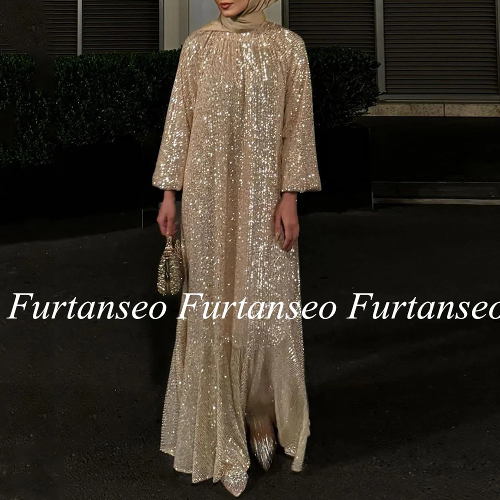 

Sequined Evening Dress Customized Round Neck Puff Sleeves Loose Abaya Prom Gown Vestidos De Fiesta Wedding Party Dresses