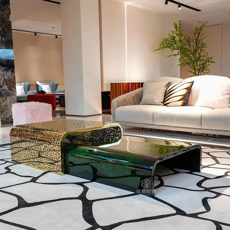 

Light luxury coffee table modern high-end square living room home combination metal hollow telescopic