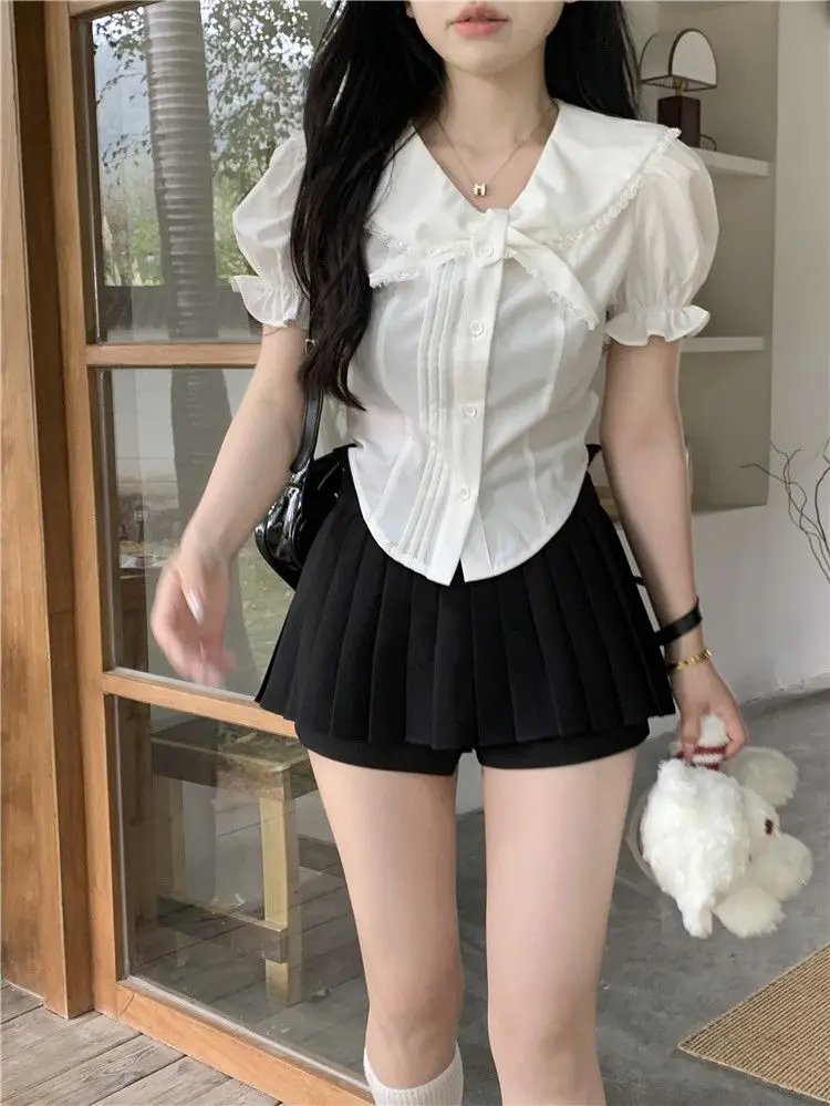 بلوزات حلوة 2025 ملابس نسائية بياقة بيتر بان قمصان بيضاء قطع علوية قصيرة Camisas De Mujer بلوزة صيفية بأكمام منتفخة #6