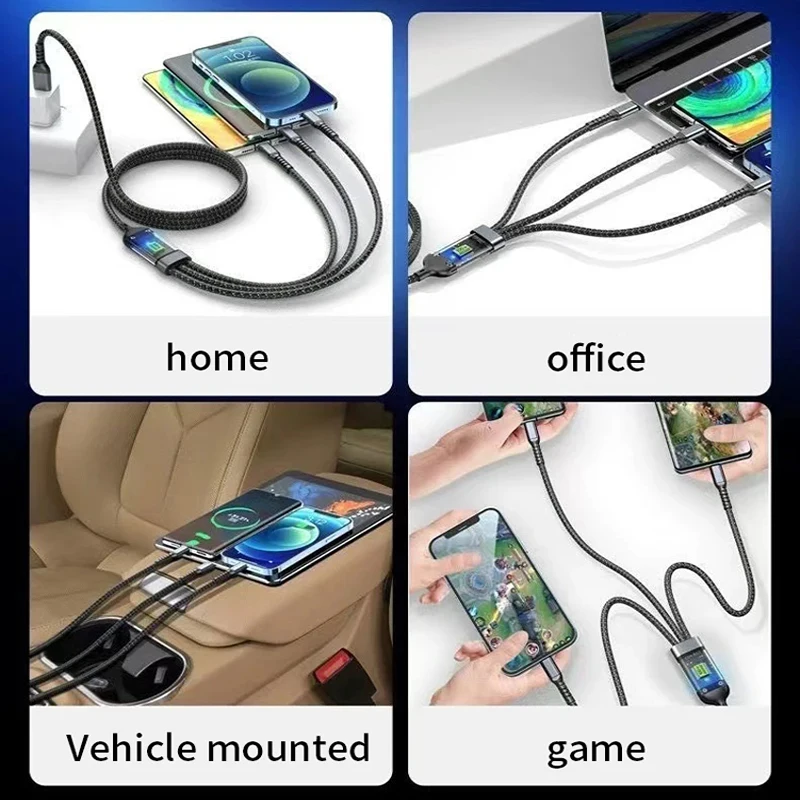 100W 3 in 1 USB Fast Charging Cable Digital Display Universal Braided Charging Cable for iPhone Samsung Xiaomi Oneplus