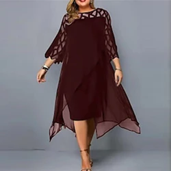 Plus Size Dresses 2023 4XL 5XL Elegant Chiffon Lace Mesh O Neck Midi Party Dress Wedding Loose Women's Clothing Clubwear