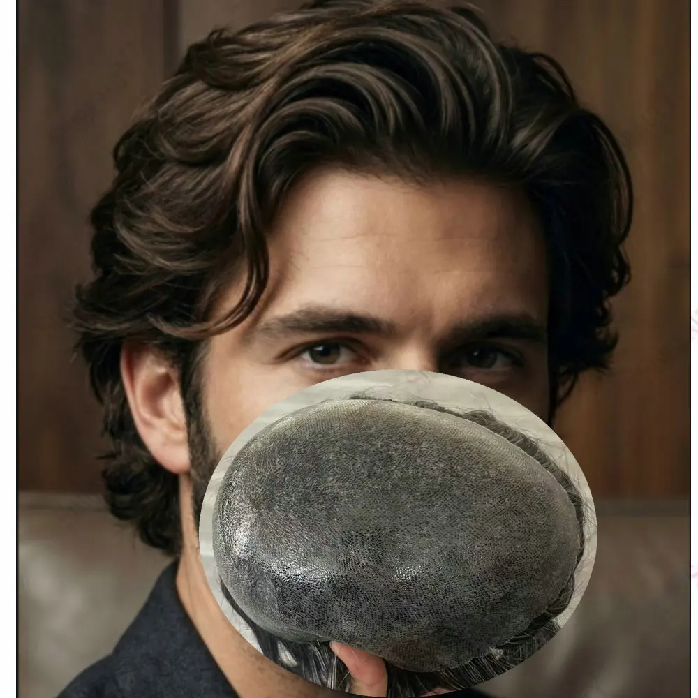

Men's Toupee 30MM Wavy Human Hair Natural Hairline Durable 0.1mm Thin Skin Full PU Base Male Hair Replacement System Prosthesis