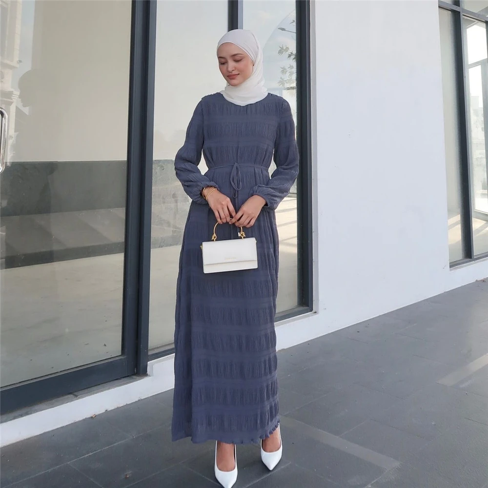 Eid Muslim Dress for Women Abaya Chiffon O Neck Long Sleeve Robe Crinkle Femme Musulman Casual Summer Dresses Ramadan Vestidos