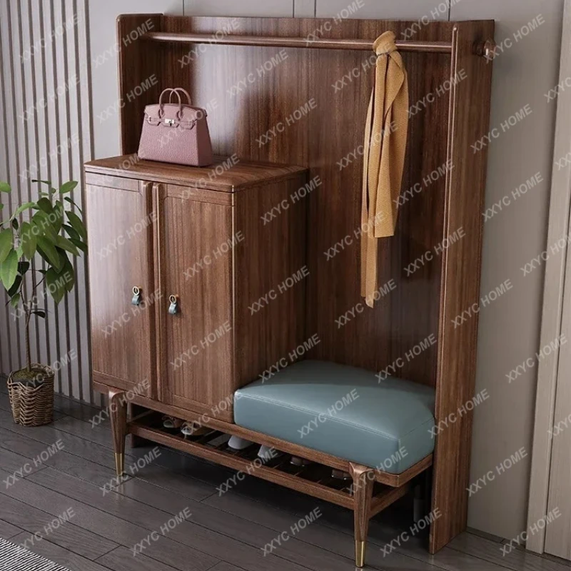 

Multi-Functional Walnut Large Capacity Light Luxury Living Room Entrance Coat Rack Integrated Shoe Change Stool
