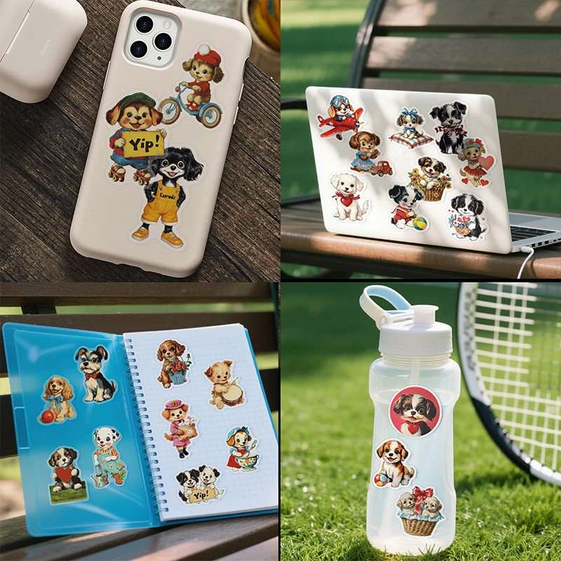 50 個かわいいレトロな犬ステッカー子供 DIY 文具箱ハンドバッグラップトップギターヘルメット自己粘着装飾デカールおもちゃギフト