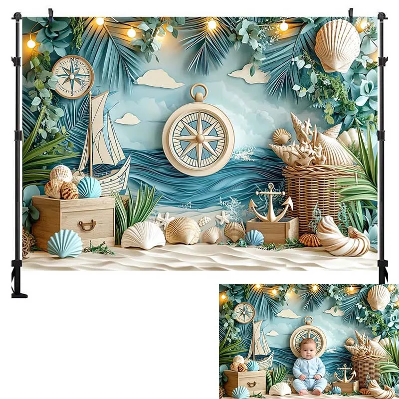 LS Photography Background Summer Palm Tree Sailing Compass Seashell Decor Baby Shower Kids Birthday Party Photo Backdrop Banner