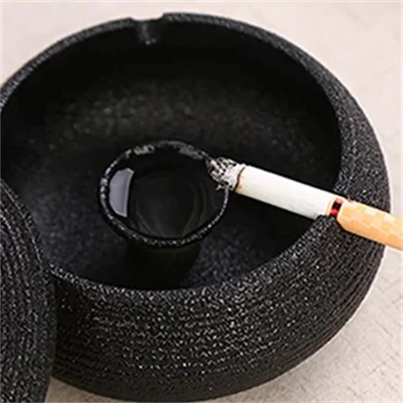 Black Cigarettes Ashtrays with Lid Windproof for Indoor Outdoor, Ceramic Ashtray Built in 3 Cigar Holders,Smoking Ash Tray