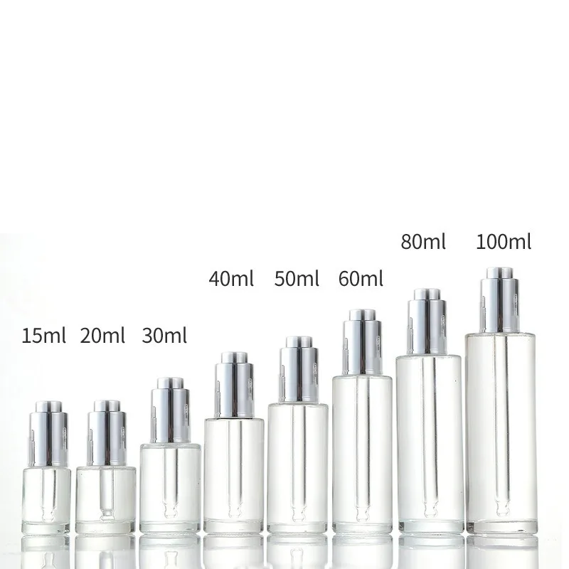 192pcs 50ml 20ml 30ml 60ml 100ml 80ml 40ml 120ml flat shoulder clear frosted glass dropper bottle with silver gold aluminum cap