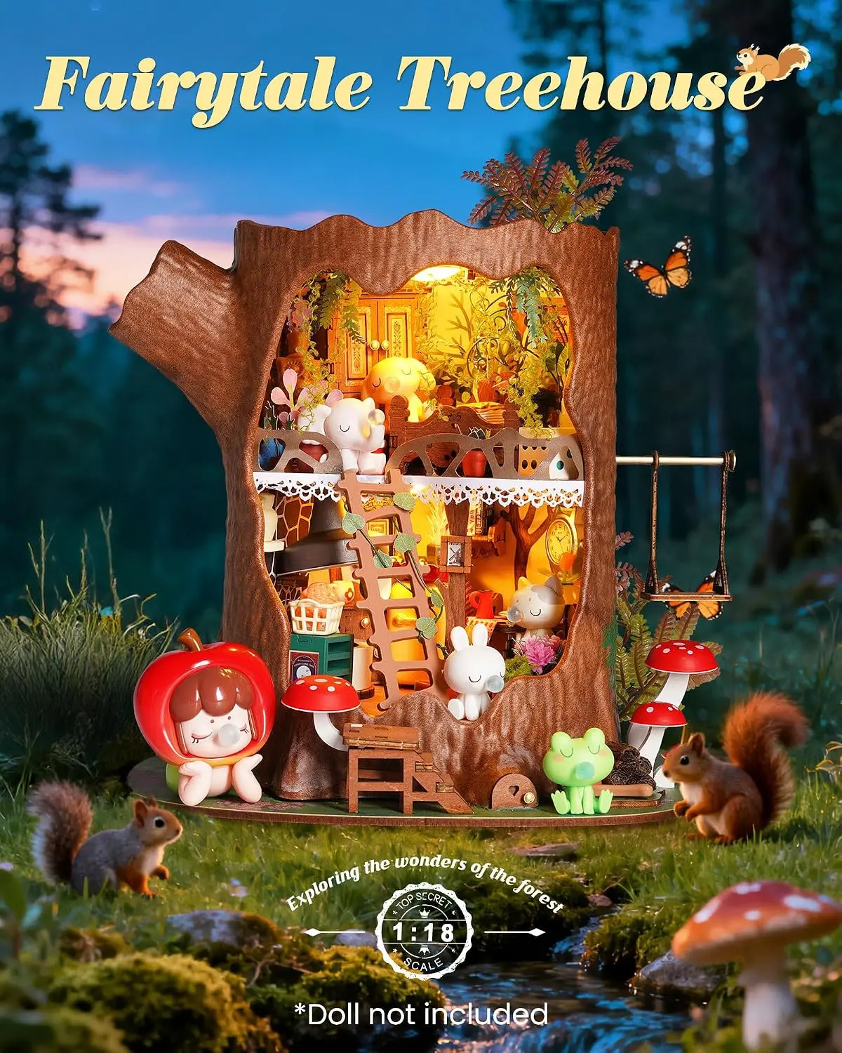Tree House DIY Miniature Dollhouse Kit Gift for Adults | 1:18 Scale Fairytale Tiny House with LED Light, Wooden 3D Puzzle Model
