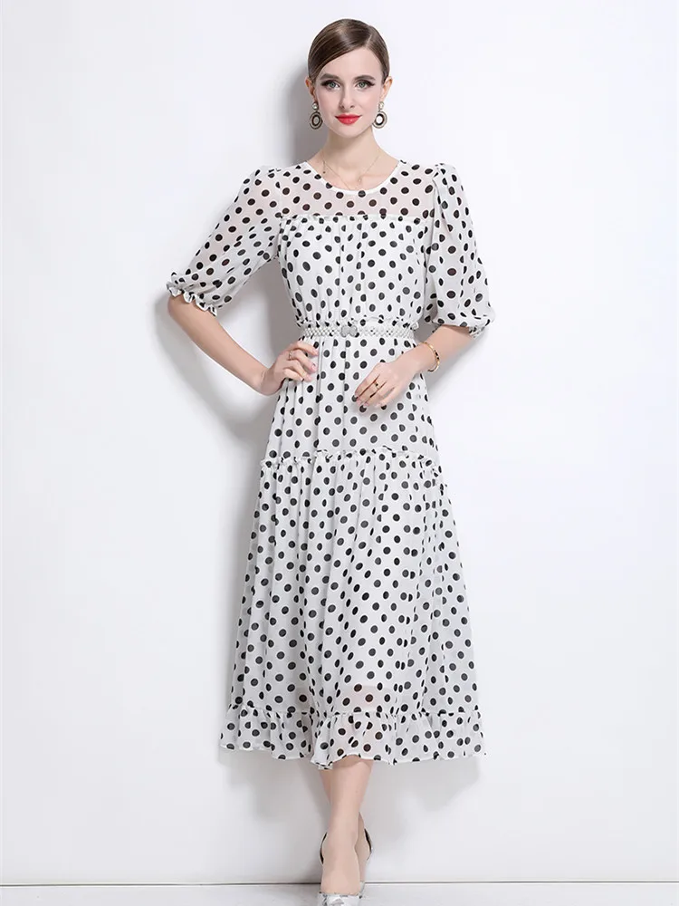 

New Fashion Polka Dot Print Chiffon Dresses Women's O-neck Short Sleeve Elastic Waist Vacation Summer Dress With Pearl Belt