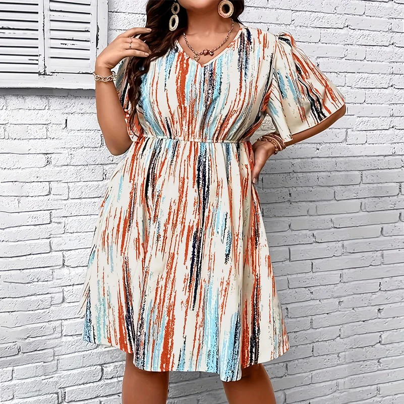 

Plus Size Dress, Striped Printed V-Neck Short-Sleeved Loose Fit, Elastic Waist, Casual Resort Style Dress
