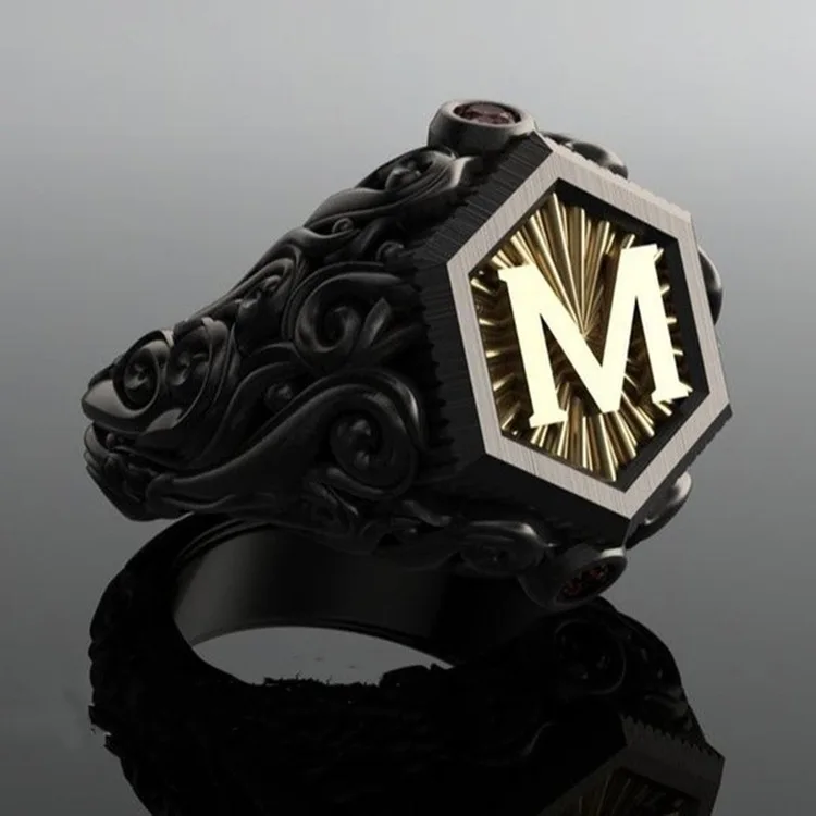 Men\'S Fashion Bohemian Black M Letter Stainless Steel Ring Jewelry Size 6-10