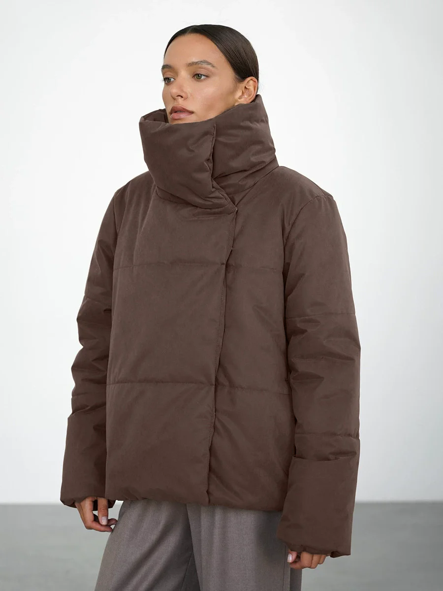 Parkas cálidas de invierno para mujer, abrigo informal de manga larga con bolsillo y cuello alto liso de retazos, Parkas de viaje para mujer 2025
