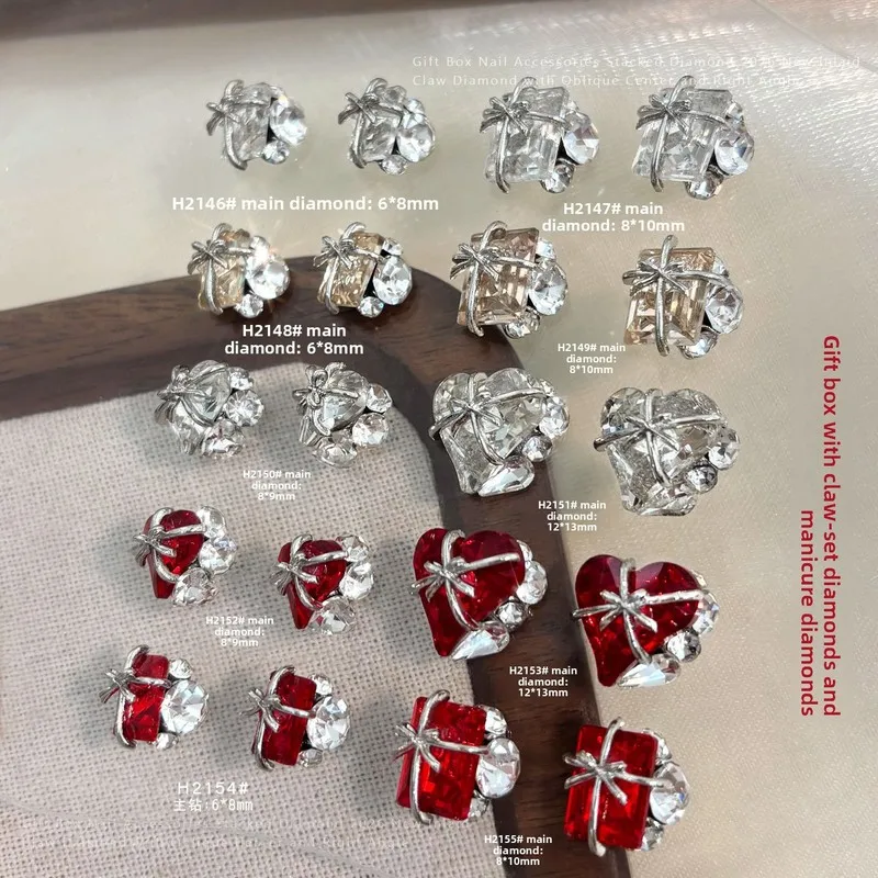 5pcs Bow Alloy Stacked Nail Rhinestones Super Shiny Champagne Red Tilted Heart Rectangle Finished Nail Charms Decorations