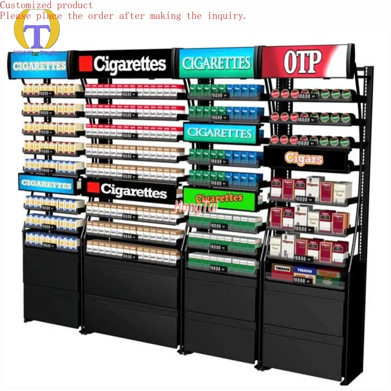 

Custom.Metal Cigarette Display Showcase with LED Lighting Acrylic Pusher Storage Cabinet Base Smoke Shelf Lighting Box