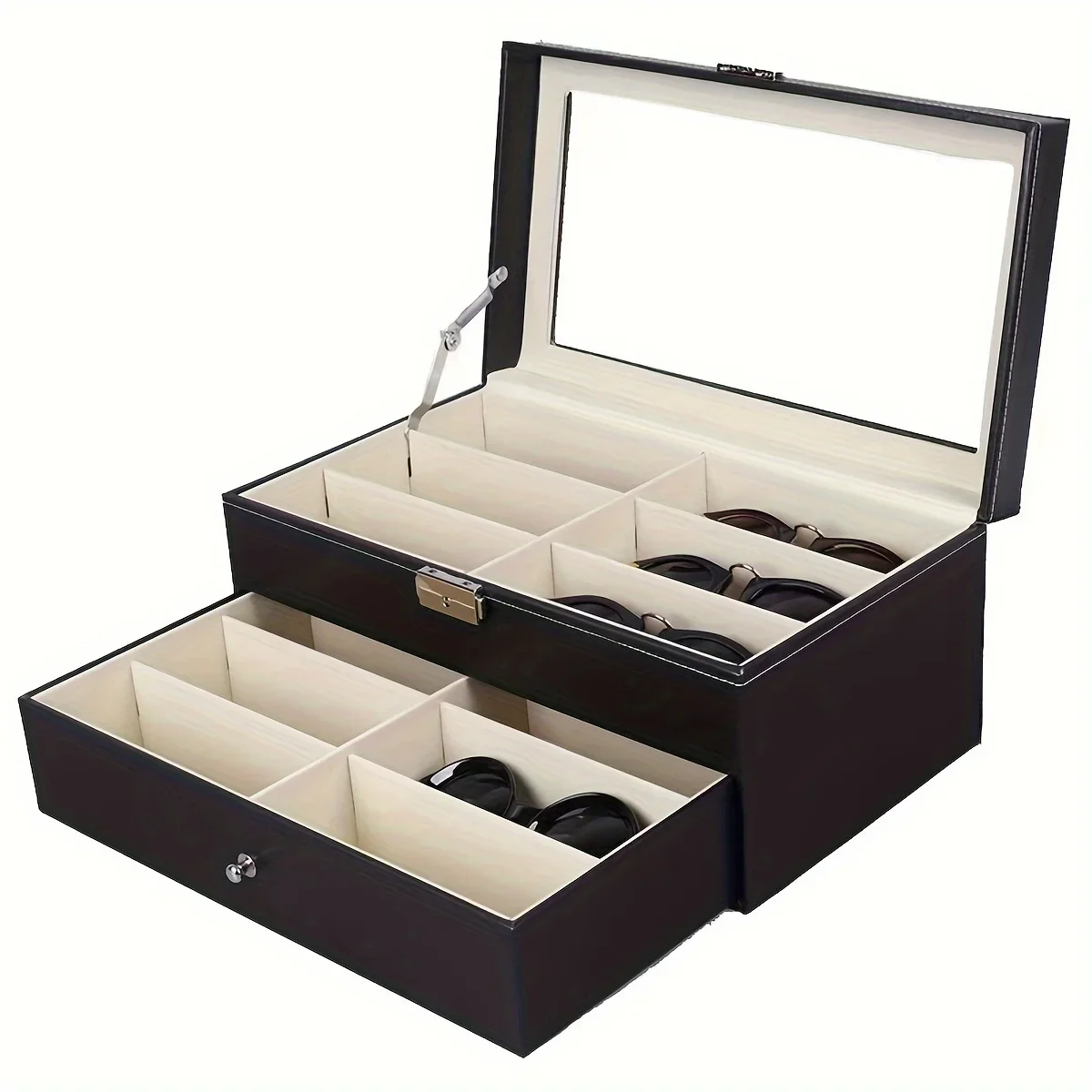 Fashionable double-layer 12-grid sunglasses storage box-hollow design, PU leather glasses jewelry box