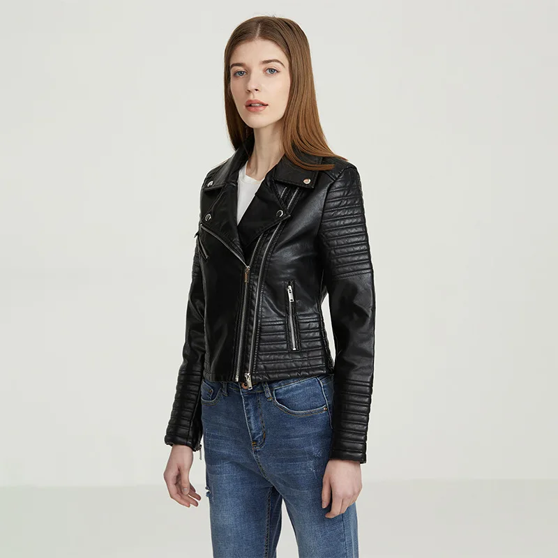 PU Leather Motorcycle Jacket, Slim Fit, Short Lapel, Black Zipper, Versatile Rock Sports, Autumn, Winter