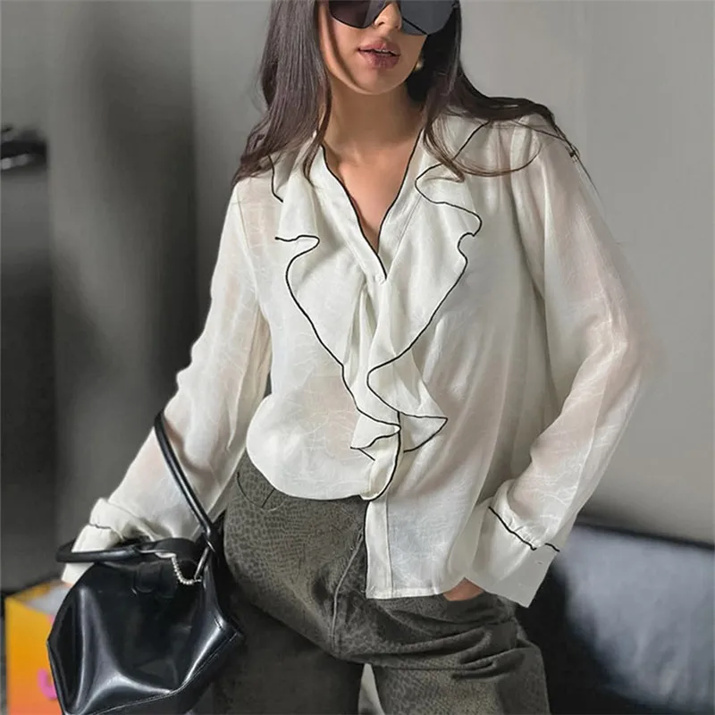 

Женская блузка 2026: повседневная, с V-образным вырезом, длинным рукавом, элегантная, классическая, с оборками, однотонная, свободного кроя, бежевая, модная