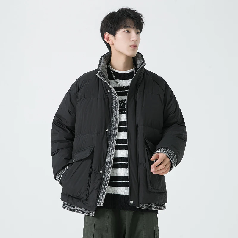 Men's Winter Puffer Jacket Short Thickened Stand Collar Duck Down Warm Bread Style Couple's Outerwear Casual Loose Fit Coat