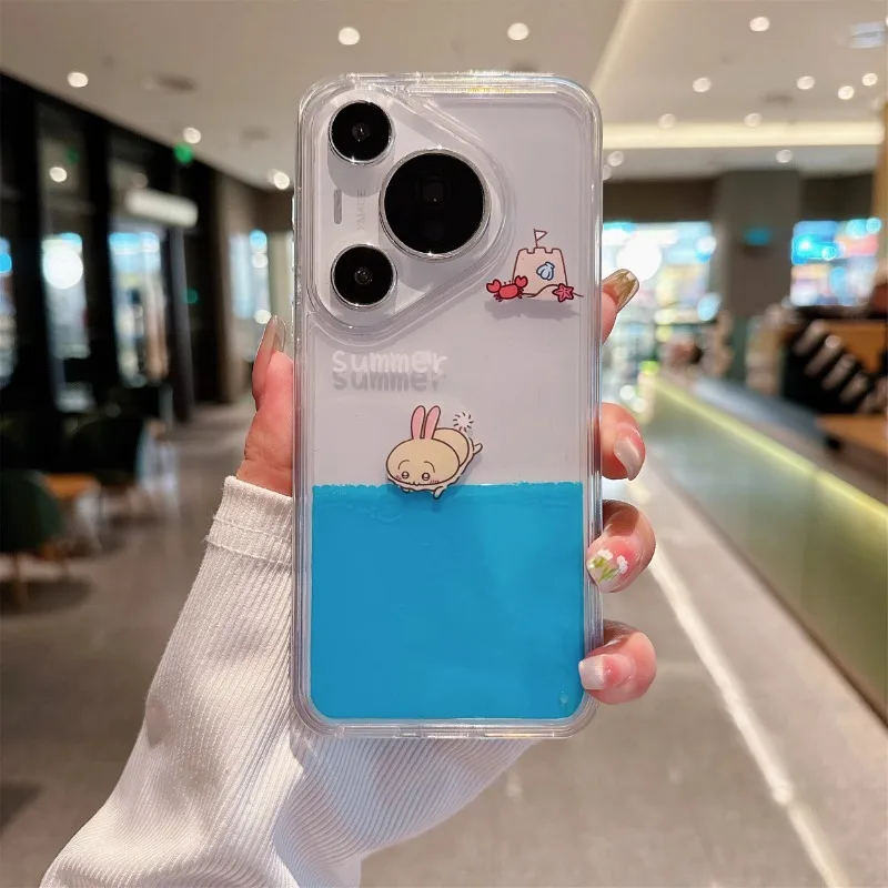 HUAWEI Pura 70 Pro Mobile Phone Case Chiikawa Anime Cute Creative Cartoon Fall Proof Acrylic Rocker Quicksand Usagi Fun Surfing