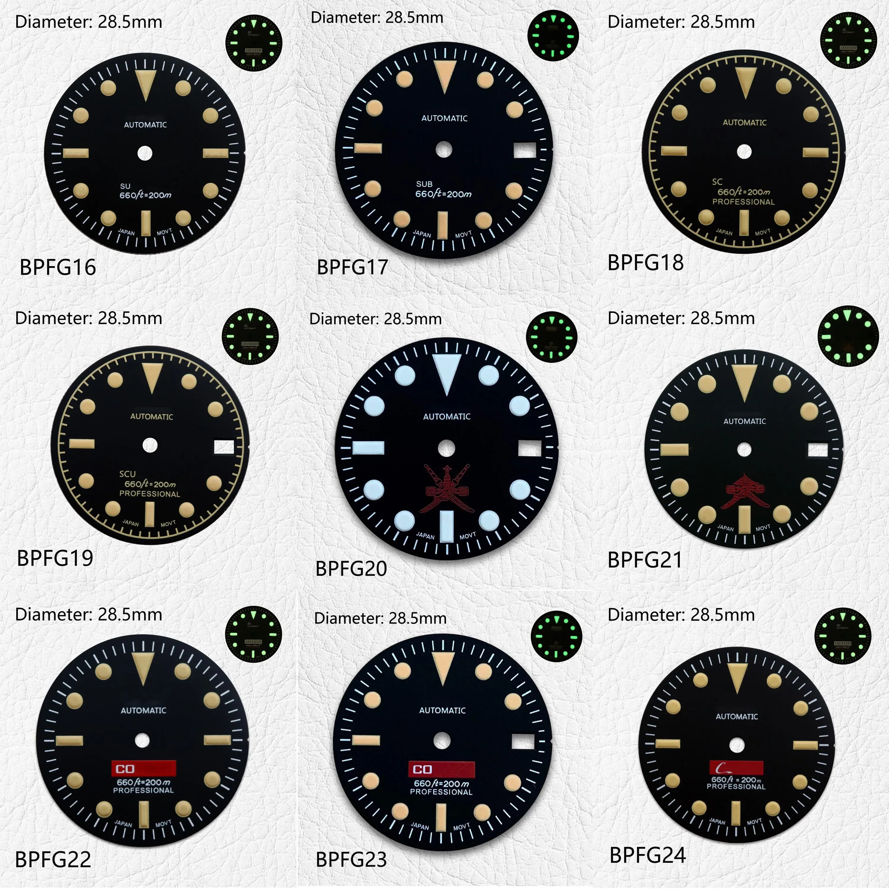 28.5mm Vintage SUB Green C3 Luminous Diving NH35 Dial S Logo Dial Watch Accessories Custom Watch