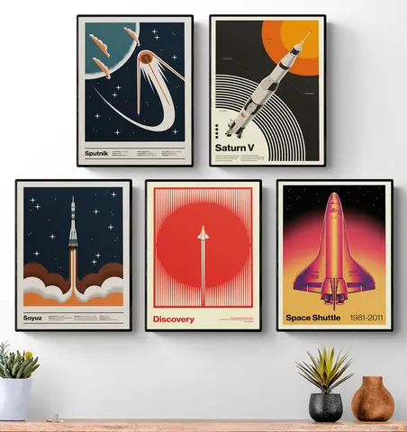 Retro Abstract Space Shuttle Sputnik Minimalist Posters and Prints Canvas Printing Wall Art Picture for Living Room Home Decor