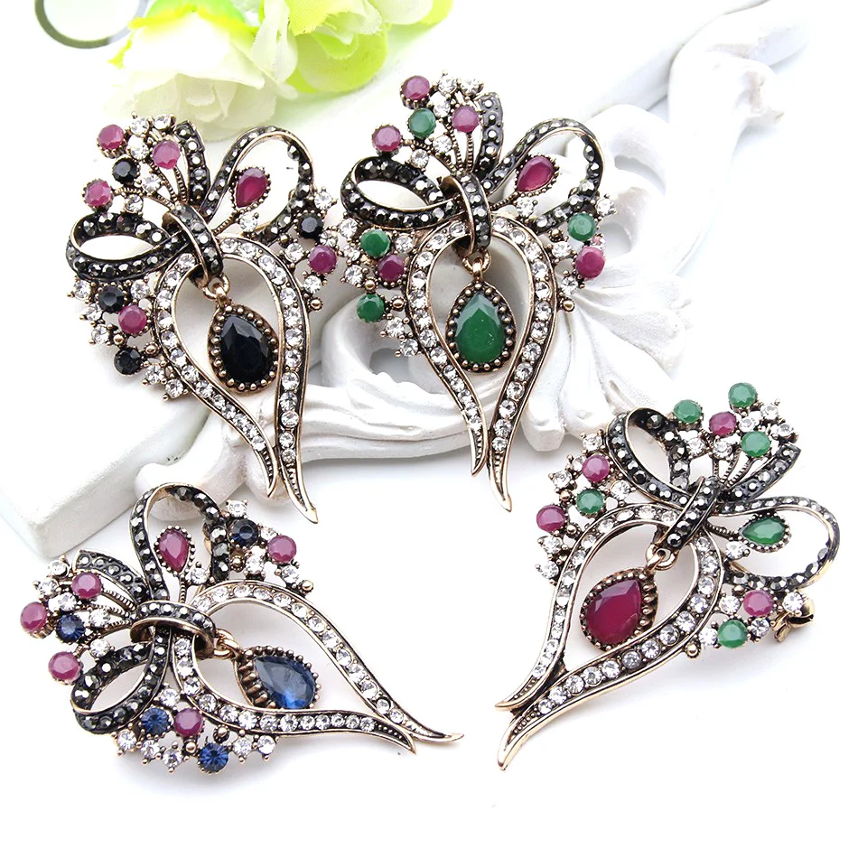 Vintage Women Bow Brooch Turkish Dress Brooch Crystal Antique Gold Color Indian Resin Pins Bohemia Bride Jewelry Sunspicems image 5