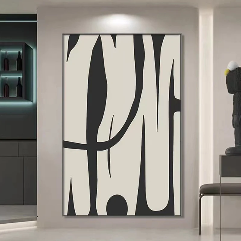 Arte mural moderno minimalista pintado a mano a gran escala sobre lienzo abstracto blanco y negro, arte de sala de estar, pin