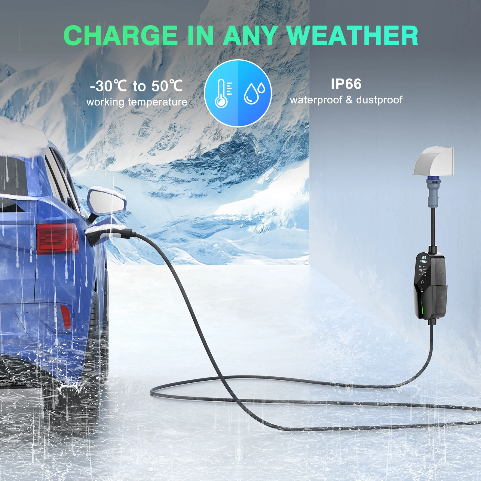 EVDANCE Portable Electric Car Chargers 32A Type2 IEC 62196-2 OLED Display Car Charging Devices with Eu Plug 20ft 7.36Kw Cable