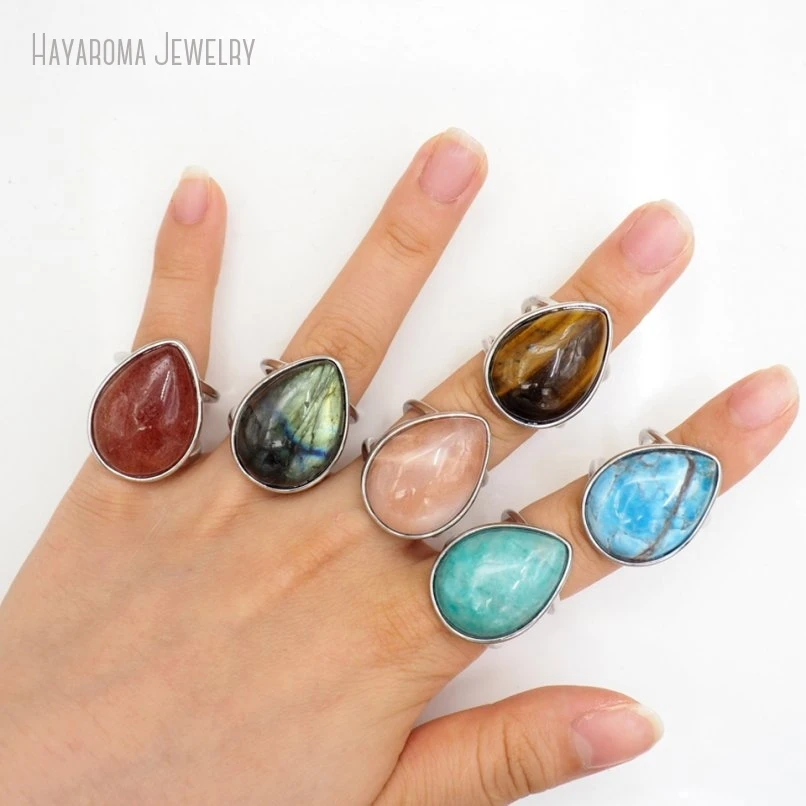 10Pcs Silver Color Metal Tiger Eye Semi-precious Amazonite Sun Stone Copper Wholesale Ring RM50835