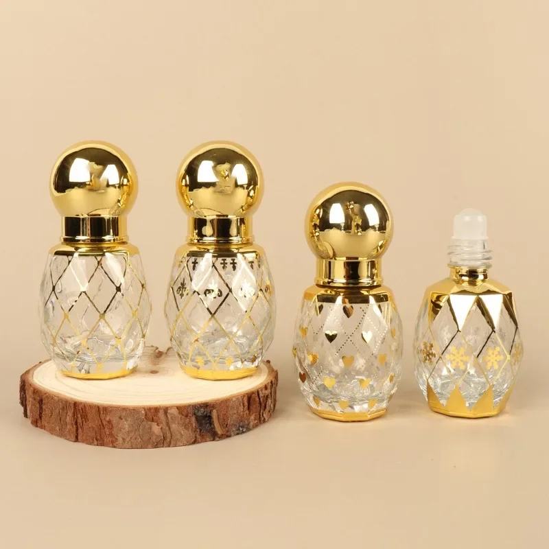 1Pc 12ml Random Patterns Luxury Golden Essential Oil Roller Bottle Refillable Perfume Bottle Glass Roll-On Essential Oil Bottle