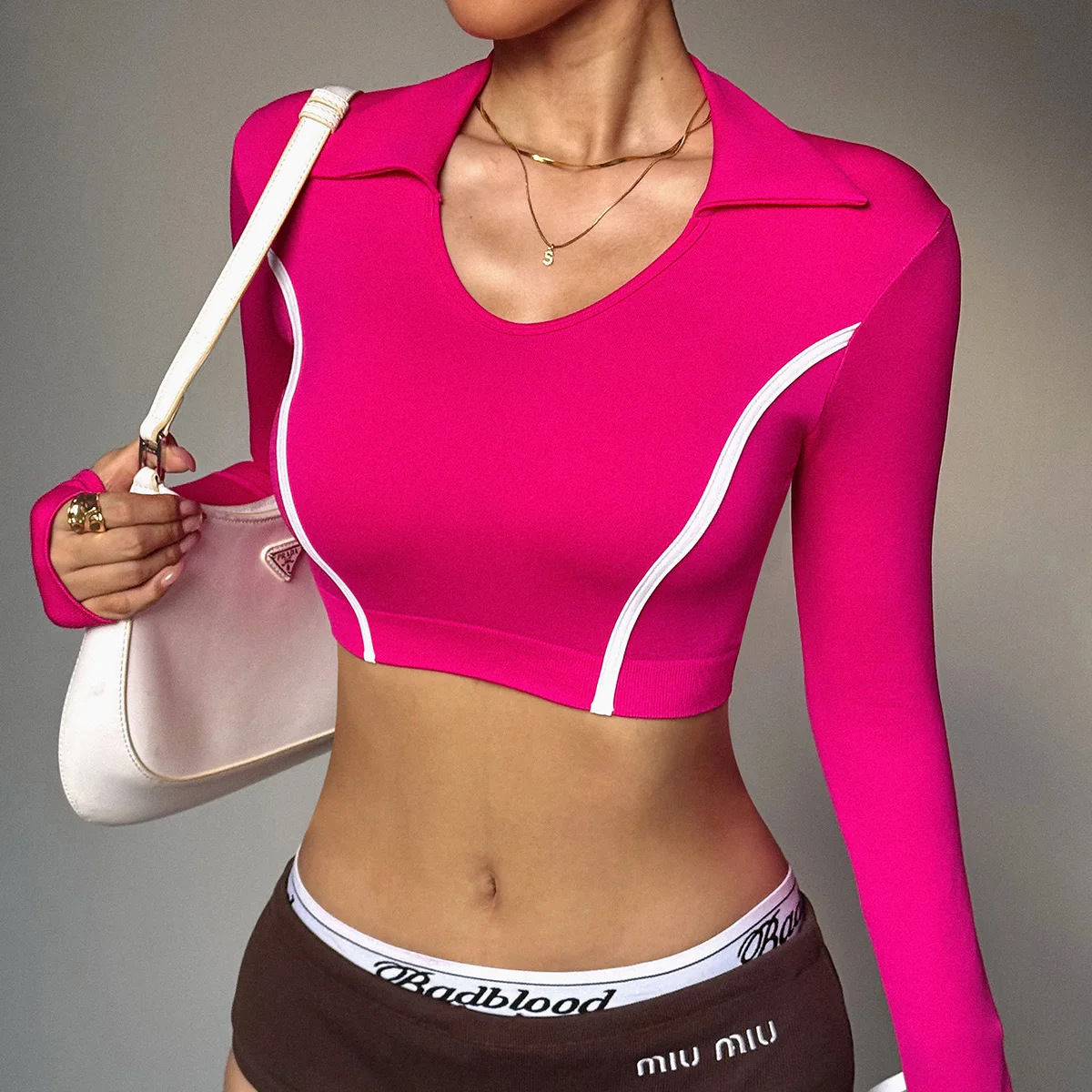 Pink Long Sleeve Crop Top with Collar & White Side Stripes for Slim Fit Waist Control Tummy Tuck Stylish Gym Workout Activewear