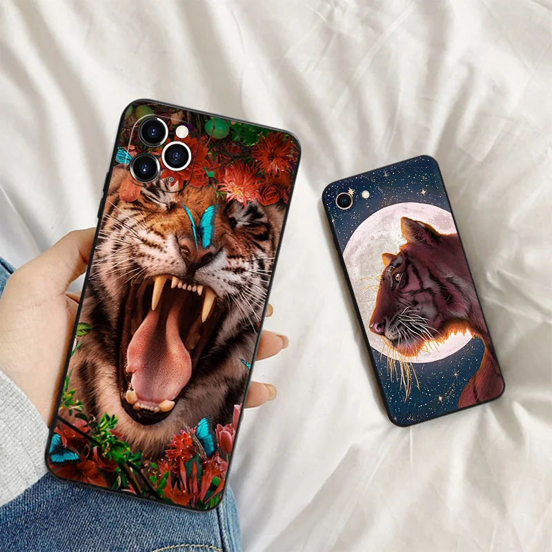 Black Matte Phone Case for iphone 16Pro 15 14 13 12 Mini 11 16 Pro Max 7 8 Plus X XS XR Cat Moon Golden Tiger Soft Cover image 4
