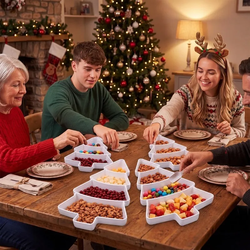 1-10PCS Christmas Tree Nut Plate Sectional Serving Tray for Candy Dried Fruit Seeds Snacks Holiday Party Home Decor