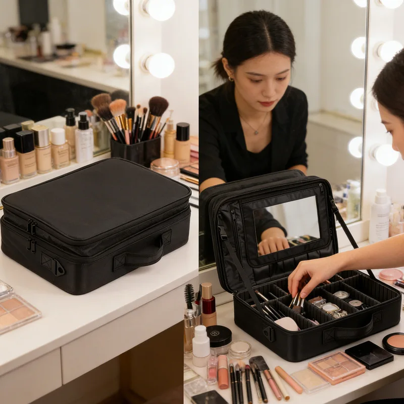 Portable makeup bag with mirror, large capacity, anti-tip design, waterproof Oxford cloth,