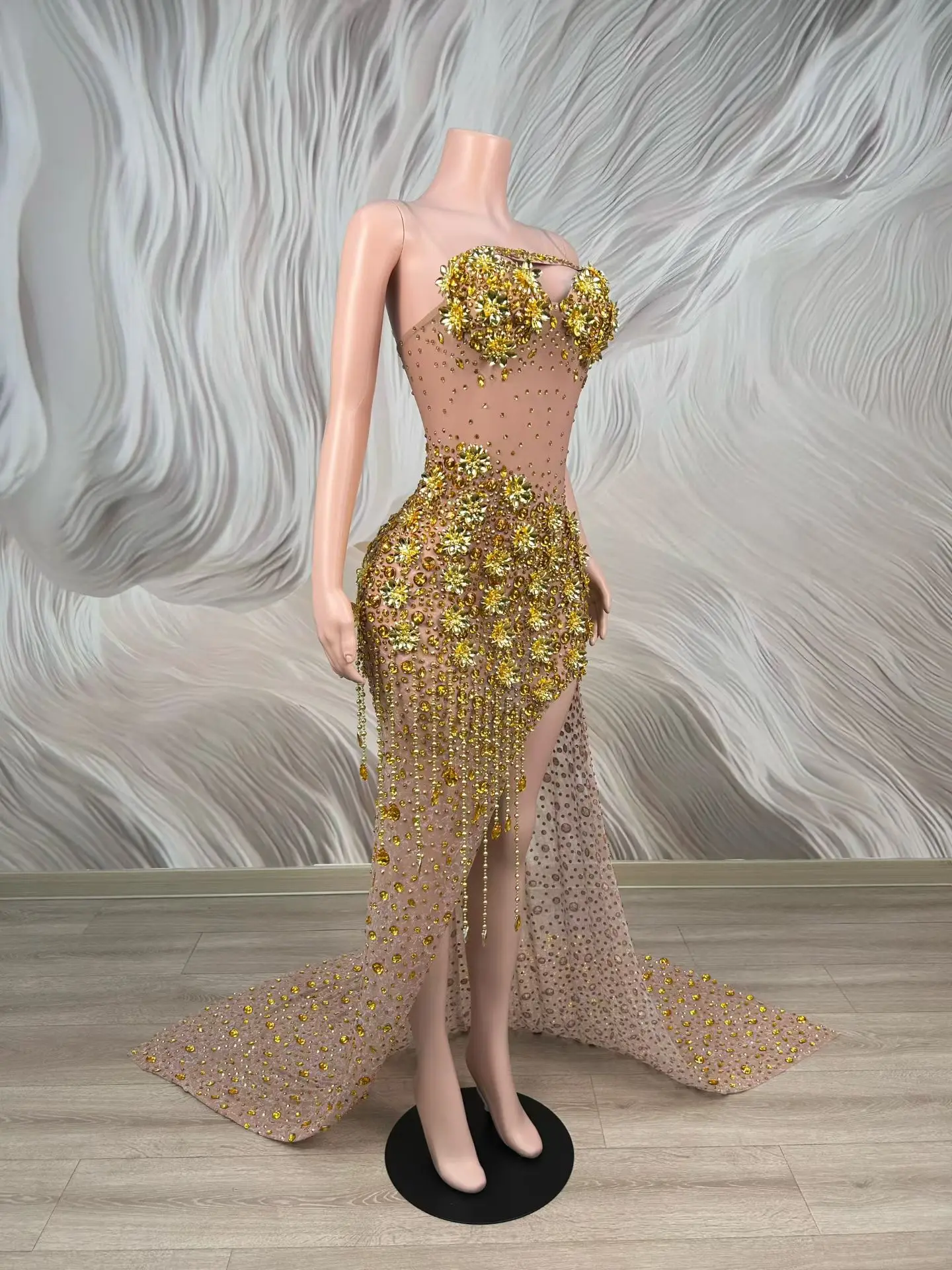 Zanhua Luxury Golden Crystal Embellished Sheer Mesh Slit Maxi Gown with Train Spaghetti Strap for Women Formal Party Night Event