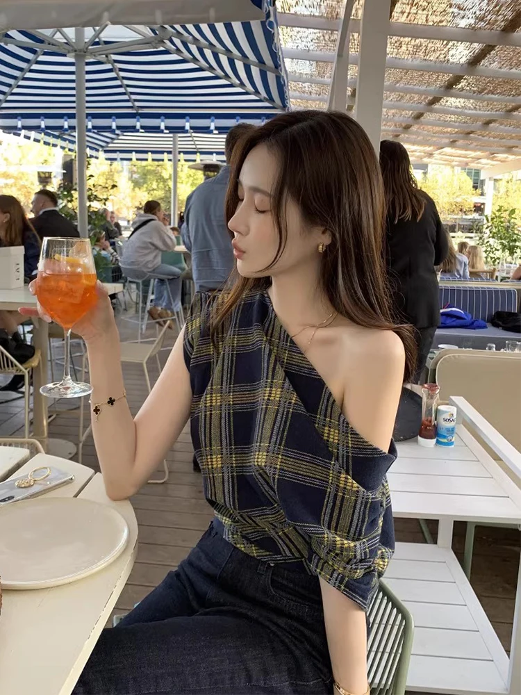 Chic Summer ort Women's irt Slim Fit Plaid Design Sensation Retro Color Blo oulder Design Cotton Commute Sle