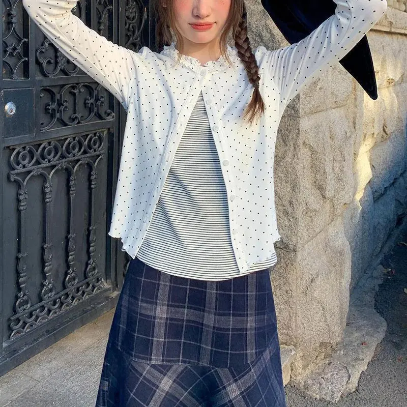 

Korean Polka Dot Spliced Striped Pullovers Autumn New Fake Two Pieces Women's Clothing O-Neck Button Casual Long Sleeve T-shirts