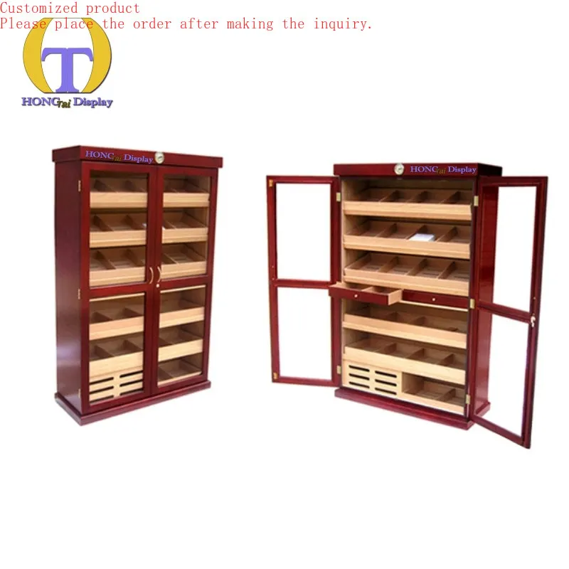 

Custom.Cherry Cedar Wooden Lockable Glass Doors and Shelves Cigar Humidor Cabinet With Tempering Glass