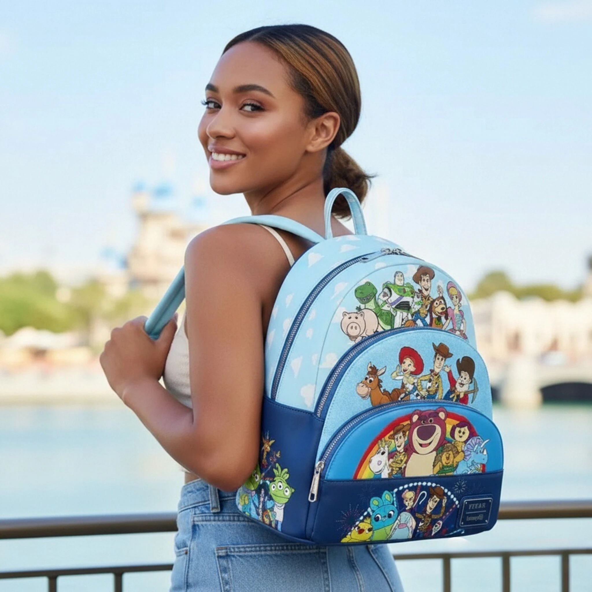 

Toy Story Woody Lotso Alien Pizza Planet Mini Backpack Monsters University Pu Leather Panel Women'S Backpack Lady Bags