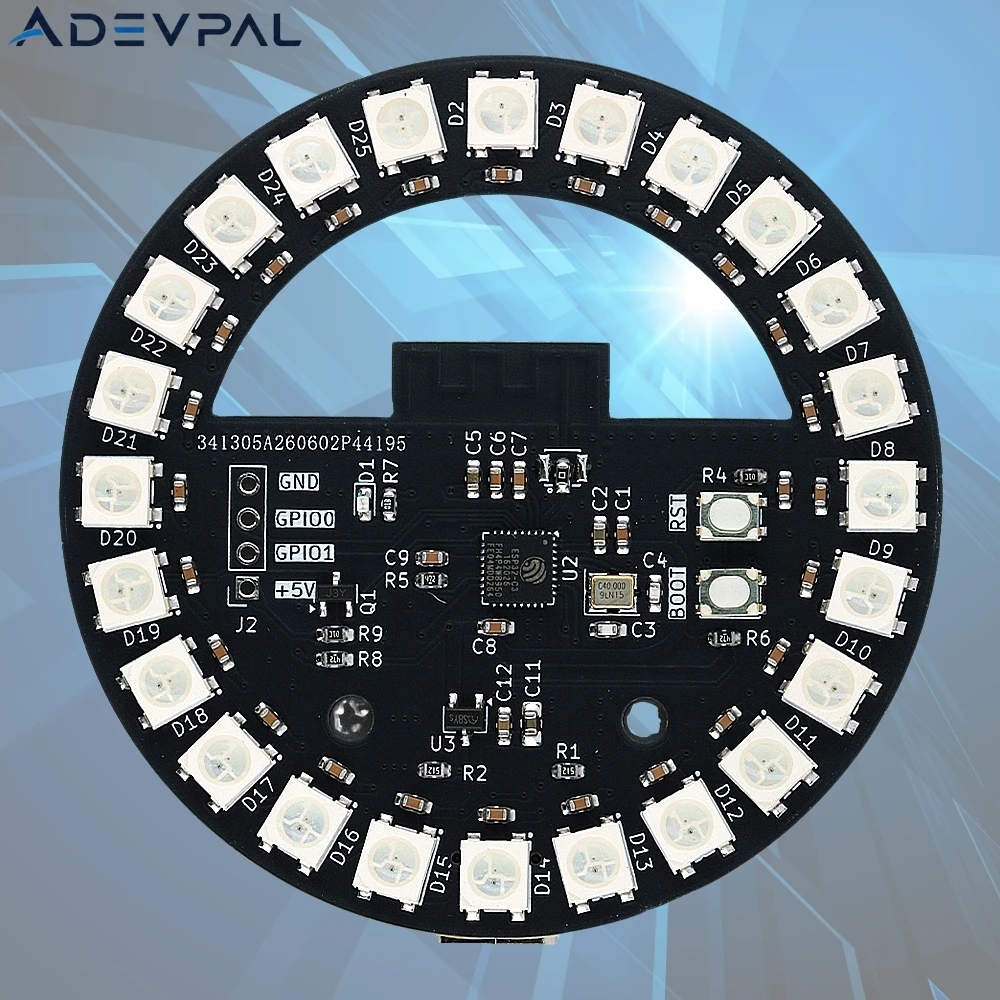 ESP32‑C3 Development Board Type‑C WS2812B Ring RGB LED 24‑Led Ambient Light E‑Sports Atmosphere Lamp GPIO WiFi BT Module 200mA